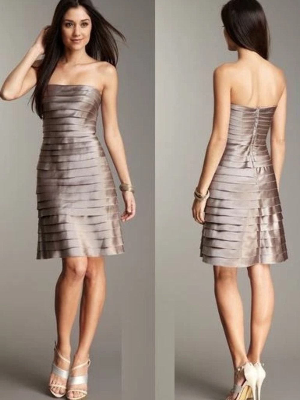 BCBGMaxAzria Size 6 Strapless Laser Cut Taupe Layered Tiered Cocktail Dress